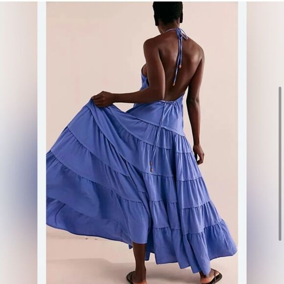 Nwt Free People Somewhere Sunny Drop-Waist Maxi Dress Baja Blue - Picture 3 of 9
